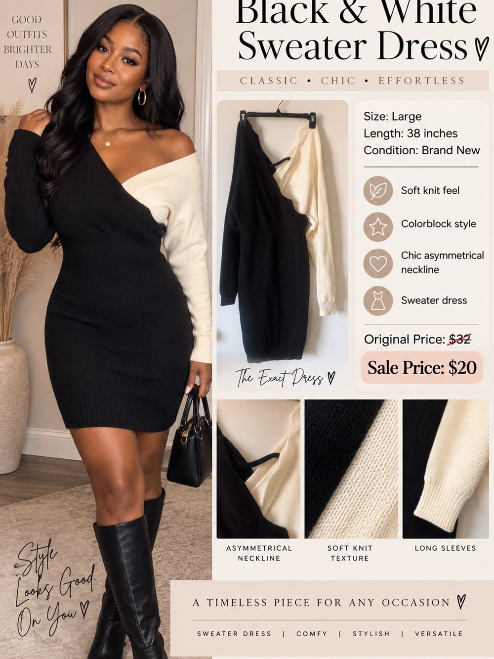 Asymmetrical Black & Cream Sweater Dress - Chic Colorblock Knit